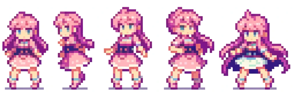 the very same person character chips , masterpiece , 6 poses (put out one's left foot , put out one's right foot , 2 front-facing poses , 2 back poses),best quality , pixel , pixel art , xiangsu , xiang su , sequence frames , walking , 1 girl , fantasy clothes , full body , white background , heroine , sexy , chibi , Highly Exposed , pink clothes , pink hair , walking frame