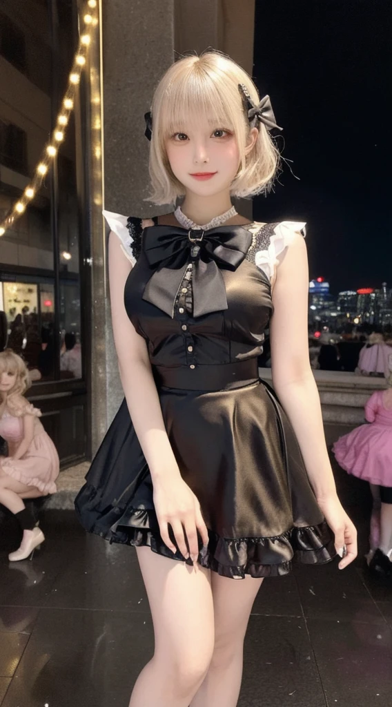 8K resolution, surreal, Super detailed, high quality, perfect anatomy, jammed, (5 women)++, group shot, smiling, cute face, Phenomenally cute, perfect proportion, full body, (shiny satin, jirai fashion, short dress with many frills, Lace, micro mini skirt, bow ribbon)+++, night neon street background, (bleached short gold hair)+++, large breasts, 