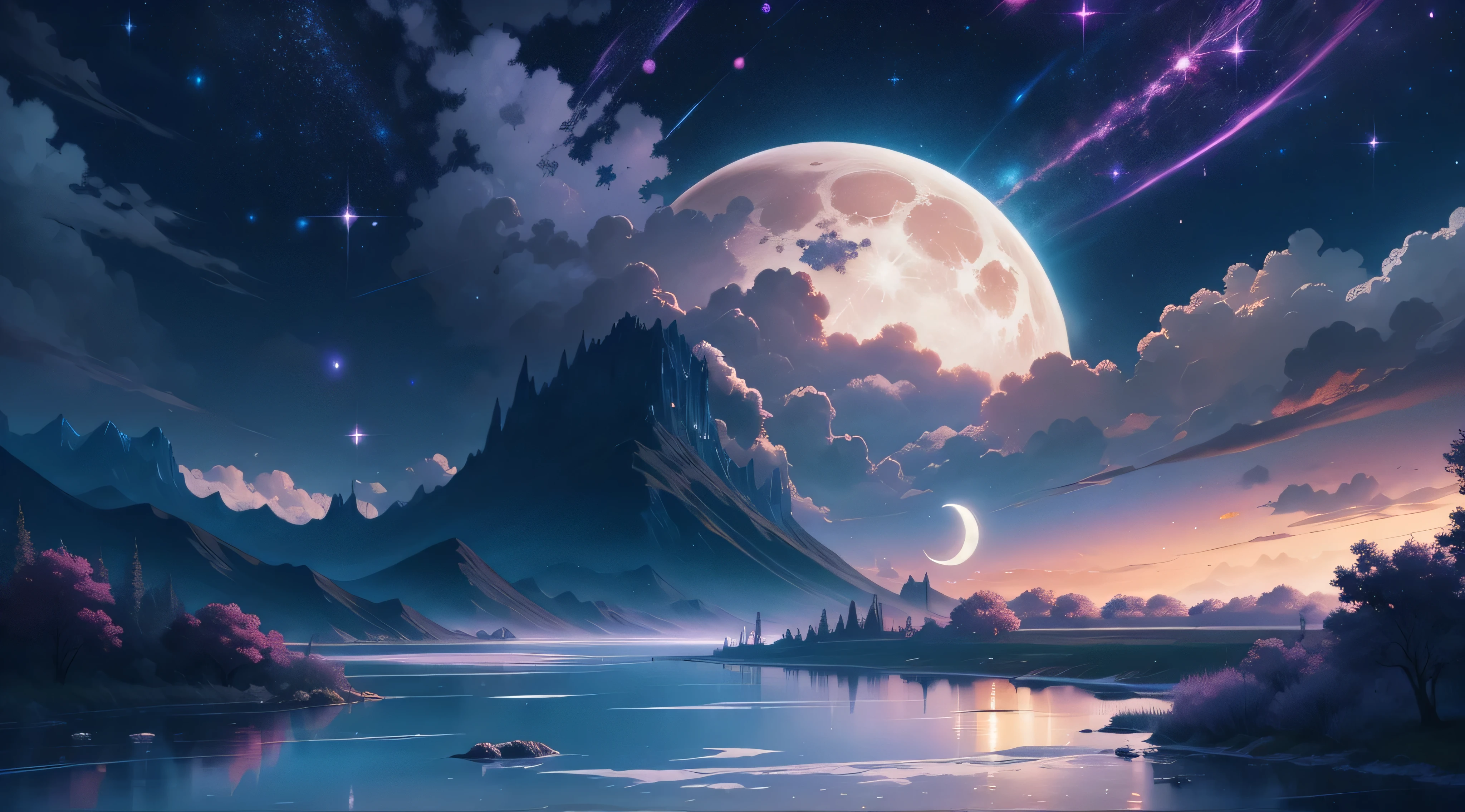 Painting of a river with stars and moon floating in the sky, Concept art inspired by Mitsuoki Tosa, pixiv Contest Winner, Highest quality, Fantasy art, Beautiful anime scene, Bright Moon, Moonlight and Starry Sky Environment, Dream painting, Anime Background Art, Fantasy Landscape Painting, Fantasy Night, Anime Background, Background artwork, Great art, Atmospheric anime, Starry Sky, Detail enhancements.