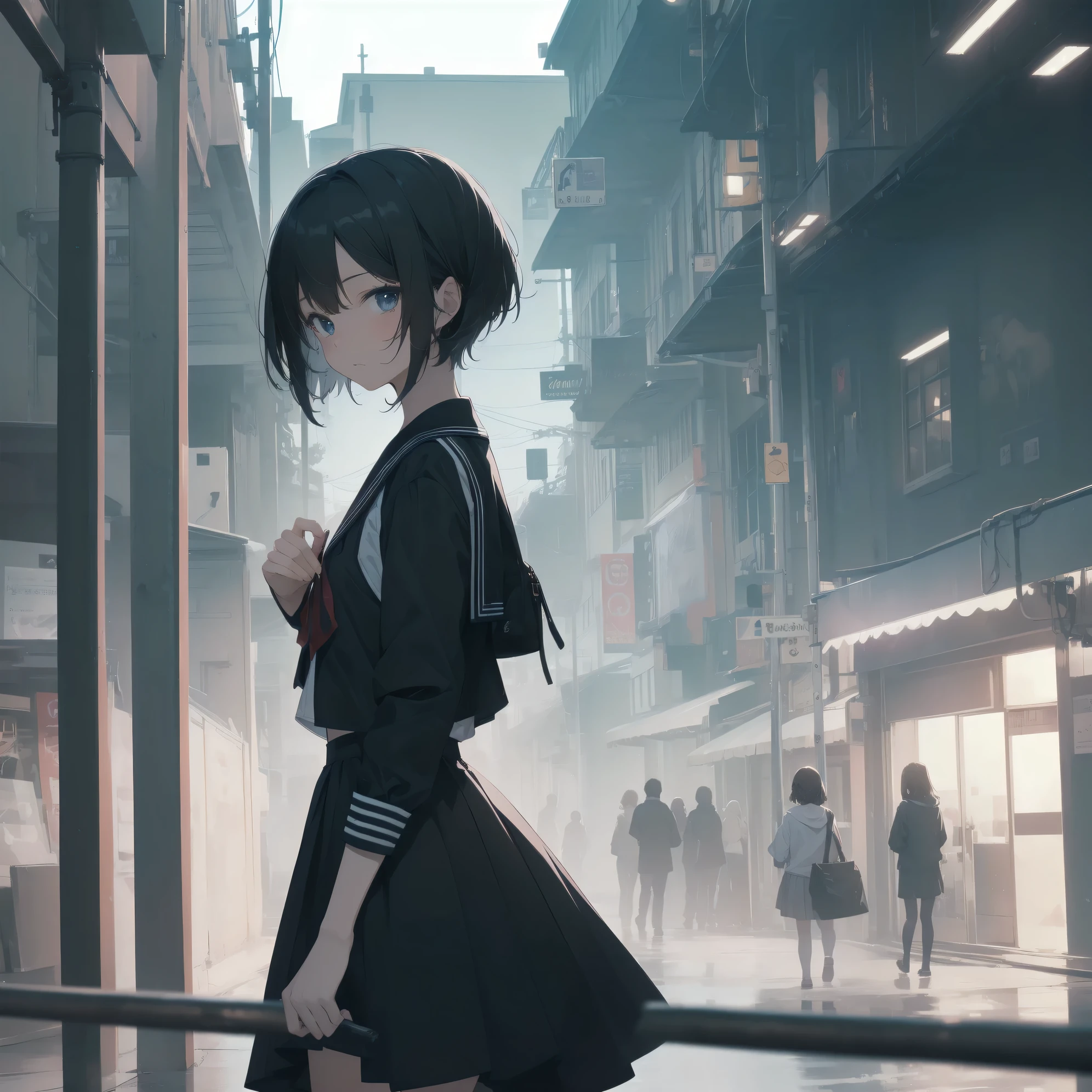 ultra-absurdres-Top quality by artist God, ultra-detailed, high resolution, anime moe artstyle, best anime 8k konachan wallpaper, pixiv contest winner, pool:2810, perfect ???????,break, 1girl, (Please draw a girl walking sleepily to school alone. )break,(Solo,little female, 13-year-old:1.3),Full limbs, complete fingers,a junior high school student, (very short hair), short cut, flat chest, , small butt, small black eyes, beautiful detailed eyes, well-proportioned iris and pupils, expressive eyes, highres detailed hair, soft expression, salor school_uniform, sailor collar, serahuku, bow, pleated skirt,(Detailed Lighting), (Detailed background), in the School commute route. break,super detailed skin, Best cinematic lighting powered by famous artist, 8k,beauty illustration,photoshop_(medium),very aesthetic,break,((artist:wa_(genryusui) )), artist:clamp ,artist:carnelian ,artist:kantoku ,
