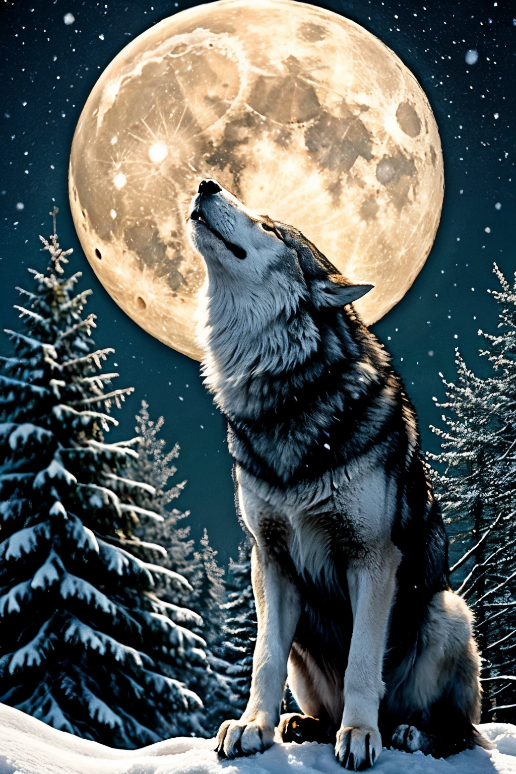 
((Highest quality)),  ((masterpiece)), Wolf, cliff, howling, moon, stars, silence, snow, trees, breath, beauty.
