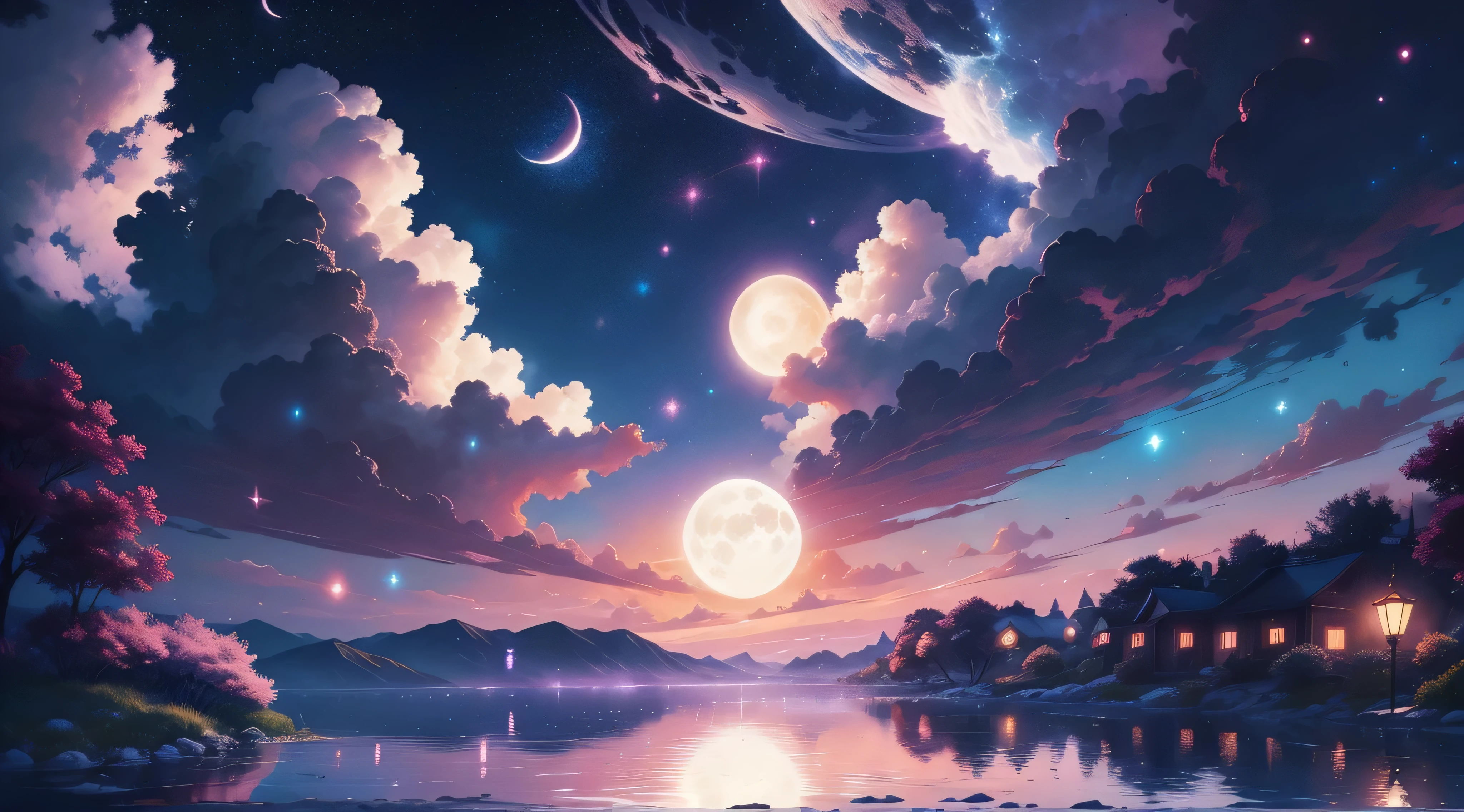 Painting of a river with stars and moon floating in the sky, Concept art inspired by Mitsuoki Tosa, pixiv Contest Winner, Highest quality, Fantasy art, Beautiful anime scene, Bright Moon, Moonlight and Starry Sky Environment, Dream painting, Anime Background Art, Fantasy Landscape Painting, Fantasy Night, Anime Background, Background artwork, Great art, Atmospheric anime, Starry Sky, Detail enhancements.