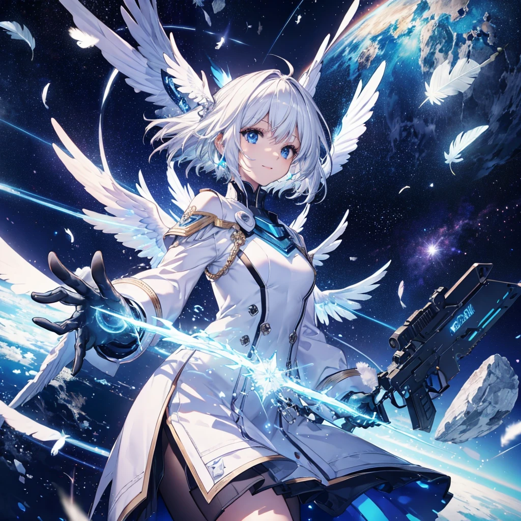 ((Archangel Fantasy White Hair Short Hair Blue Eyes 1 person)) ((There is a galaxy uniform Put on a coat without putting your arms through it)) (((Wings many times larger than mine Glass Feather))) ((Pillar of Light cyber punk Smiling Kindly front)) ((tears gloves)) (Broken glass Rolling Pebble Distorted Space-Time star) Catch the wind milky way Shining Background Particles of light rainbow colored edges Shining Edges star