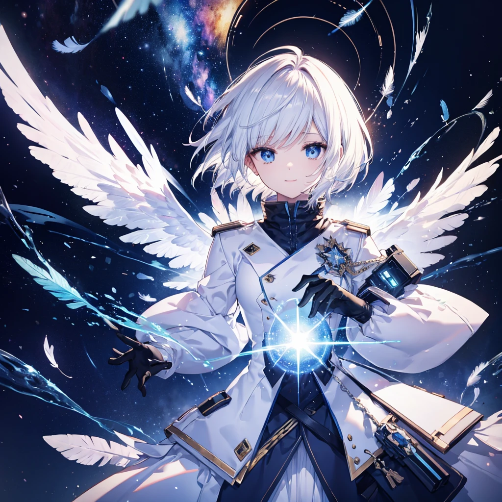 ((Archangel　Fantasy　White Hair　Short Hair Blue Eyes　1 person))　((There is a galaxy　uniform　Put on a coat without putting your arms through it))　(((Wings many times larger than mine　Glass Feather)))　((Pillar of Light　cyber punk　Smiling Kindly　front))　((tears　gloves))　(Broken glass　Rolling Pebble　Distorted Space-Time　star)　Catch the wind　milky way　Shining Background　Particles of light　rainbow colored edges　Shining Edges　star
