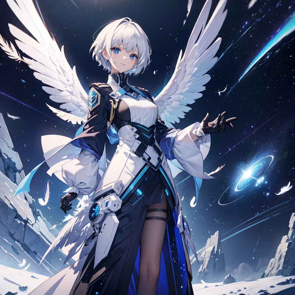((Archangel Fantasy White Hair Short Hair Blue Eyes 1 person)) ((There is a galaxy uniform Put on a coat without putting your arms through it)) (((Wings many times larger than mine Glass Feather))) ((Pillar of Light cyber punk Smiling Kindly front)) ((tears gloves)) (Broken glass Rolling Pebble Distorted Space-Time star) Catch the wind milky way Shining Background Particles of light rainbow colored edges Shining Edges star
