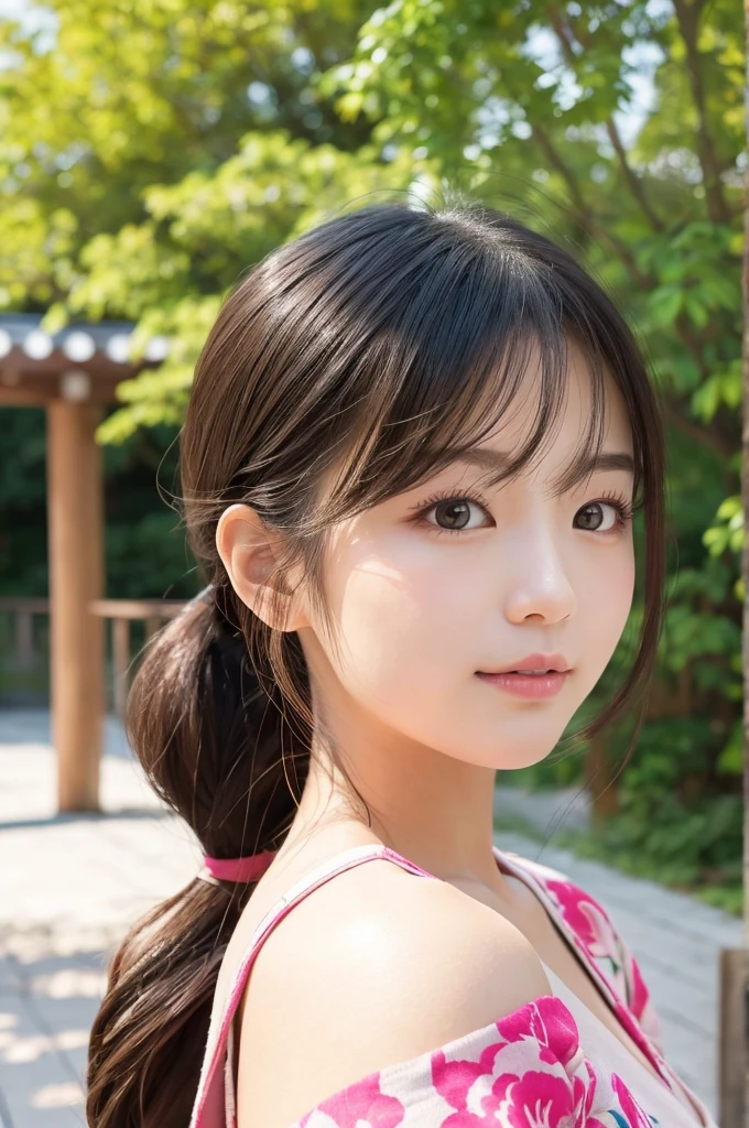 Japanese,Youthful, vibrant, elegant,upper body,Soft, natural lighting,Outdoor setting or studio with a natural backdrop,Bright and lively colors,focus on the hairstyle and facial features,Gentle and inviting expression,Contemporary fashion style,