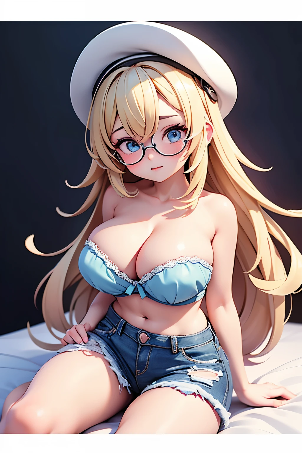 21yo girl, blonde hair, long loose hair. (Only wearing transparent strapless bra and ripped short blue denim, show cleavage), blue eyes, wearing round glasses, natural big breast, show big thigh, plump body, sleeping on the bed, seductive pose. Dark background. Voncrete background. Magenta Polaroid. Retro. the walls are covered with geometrics pattern. Flash light