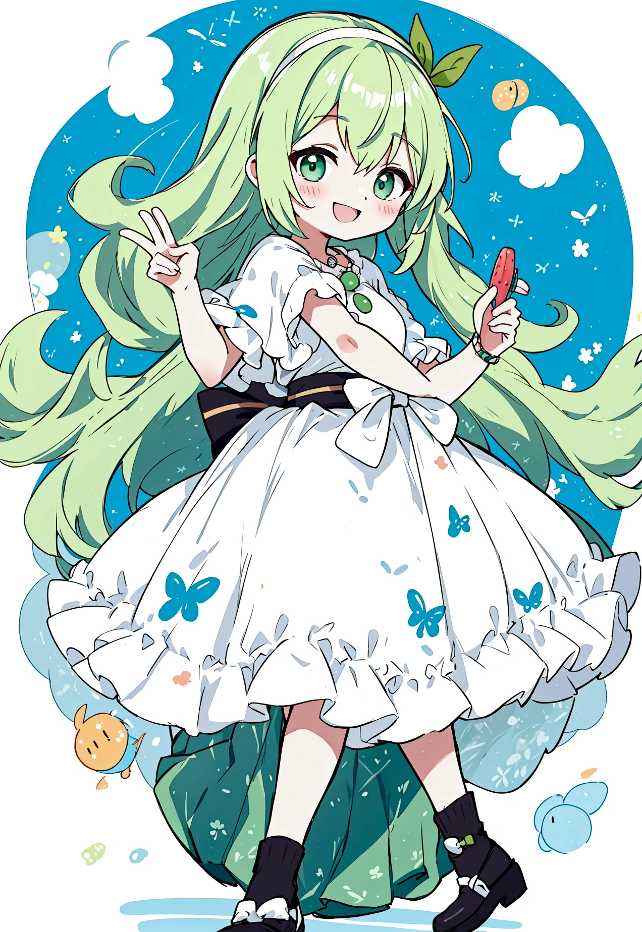 Appearance:

hair color: Bright green、Bubbleのような白いハイライトが入った髪。
Eye color: Cool light green and emerald green。
Skin color: Pale mint green skin。
wing: Melon SodaのBubbleを連想させる透明で細かいBubbleのようなwing。
clothing: Melon Sodaのシロップのような光沢のある緑色のドレスや、Bubbleをイメージした装飾。
accessories:

head band: Melon Sodaのガラス瓶のキャップのようなhead band。
necklace: 小さなBubbleのペンダントやメロンのチャーム。
shoes: Melon Sodaの瓶のデザインを模したshoes、Bubbleのようなデザインのブーツ。
character:

Cheerful and lively: Always smiling and full of energy、Spreading happiness and joy around you。
Sweet perfume: Melon SodaのSweet perfumeをまとっていて、It&#39;s nice to be near。
healing powers: It has the magical power to give a feeling of coolness and refreshment when touched.。
symbol:

Melon Soda: 持ち物や背景に必ずMelon Sodaの要素が含まれる。
Bubble: ふんわりとしたBubbleやBubble立つ水のイメージ。