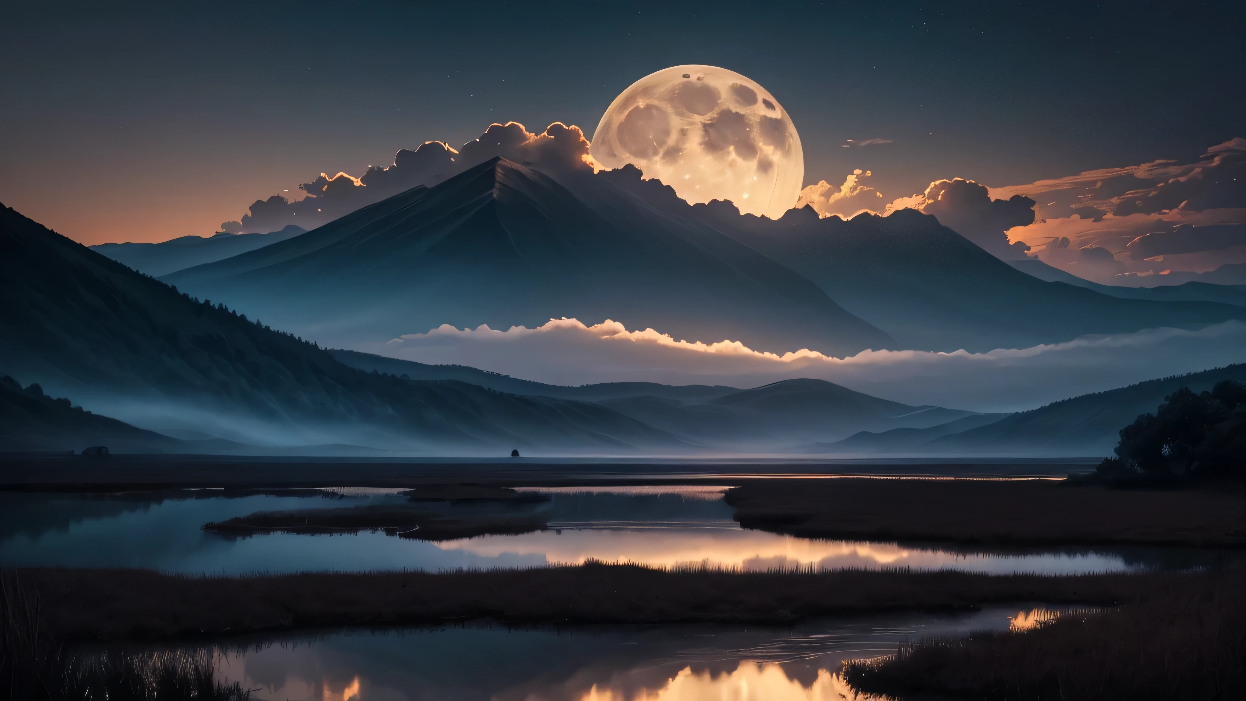(Highest quality,4K,8K,High resolution,masterpiece:1.2),Super detailed,(Realistic,photoRealistic,photo-Realistic:1.37),night,dark,Orange sky,cloud,performer,Big Moon,figure,texture,Sulky,Horizon silhouette,landscape,reflection,Deep Shadow,Mysterious atmosphere,Majestic,Mysterious,nighttime,Charmed,Soft glow,melancholic,Magic,calm,quiet,calm,quiet,still,peaceful,Mysterious,nightfall,Moonlight,shadows and highlights,Contrasting colors,bright,glowing cloud,quiet beauty