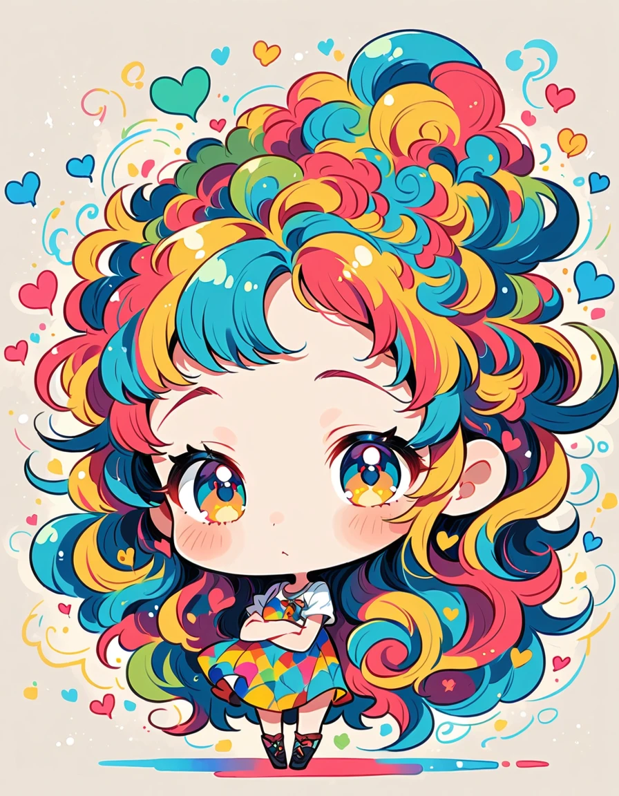 Mika Pikazo style, Simple Line Initialism，Abstract art，Urban Background, colorful hearts ,(((The most beautiful girl of all time))), (((chibi))), hugging with Cute amoeba