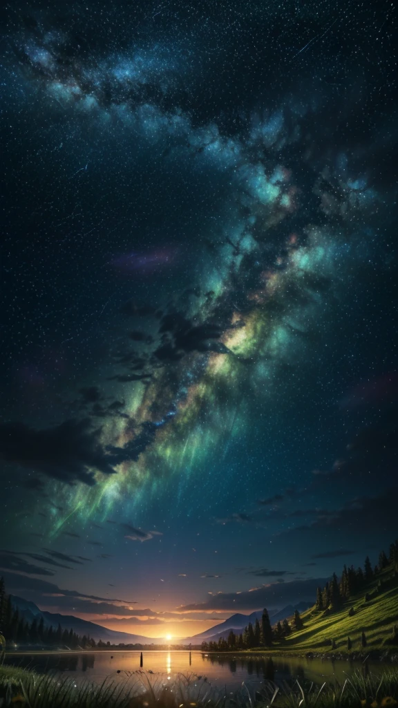 (Logo, Amazing, 8K, Tabletop, Raw Photo, Amazing, Top Quality, Photorealistic and Highly Detailed, CG, High Quality, Highly Detailed, Narrative Verse, Particle Effects, Dynamic Effects, Text Border the depth, cinematic lights, flares, raytracing, tabletop, realistic, ultra HD, fantasy), the wind, the beauty and brilliance of mountains and forests, the serenity and beauty of the world's grasslands and vast lands, Lakeside, wonderful scenery, beautiful natural scenery, night, starry sky, constellation, full moon, space, gorgeous, view, water, constellation, wonder, fantastic, meteor, magic, best illumination, best shadow