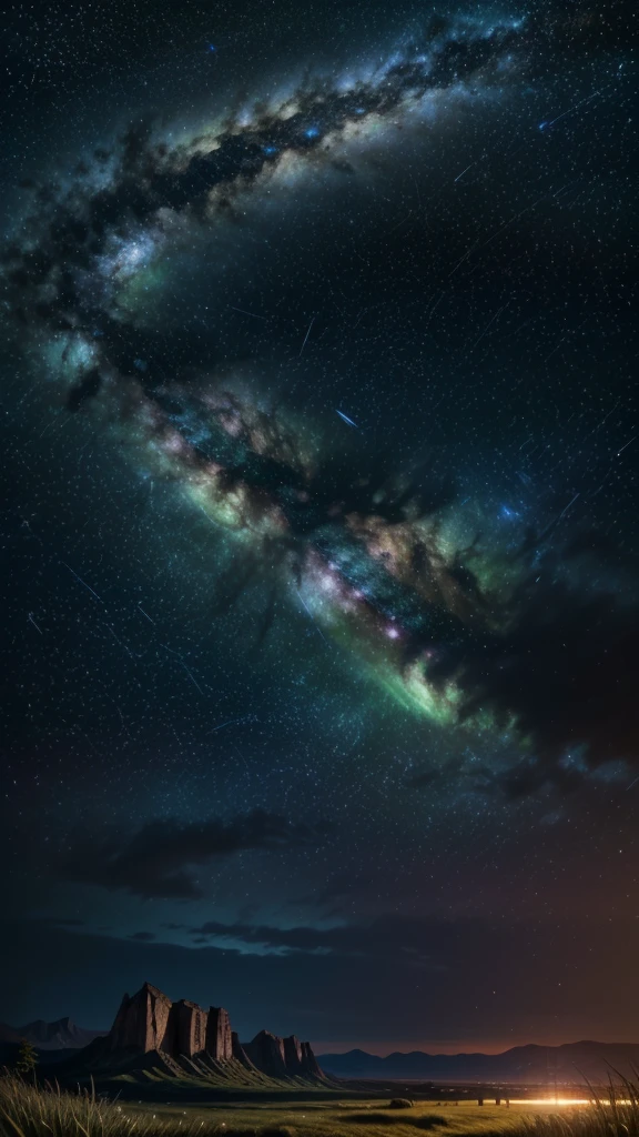 (Logo, Amazing, 8K, Tabletop, Raw Photo, Amazing, Top Quality, Photorealistic and Highly Detailed, CG, High Quality, Highly Detailed, Narrative Verse, Particle Effects, Dynamic Effects, Text Border the depth, cinematic lights, flares, raytracing, tabletop, realistic, ultra HD, fantasy), the wind, the beauty and brilliance of mountains and forests, the serenity and beauty of the world's grasslands and vast lands, Lakeside, wonderful scenery, beautiful natural scenery, night, starry sky, constellation, full moon, space, gorgeous, view, water, constellation, wonder, fantastic, meteor, magic, best illumination, best shadow