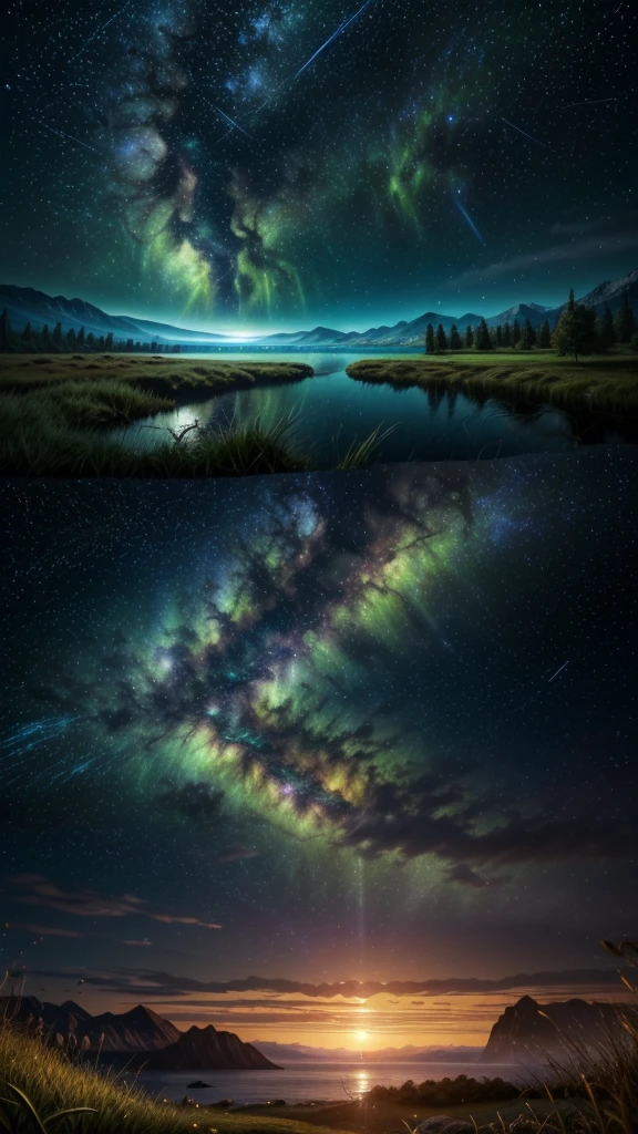 (Logo, Amazing, 8K, Tabletop, Raw Photo, Amazing, Top Quality, Photorealistic and Highly Detailed, CG, High Quality, Highly Detailed, Narrative Verse, Particle Effects, Dynamic Effects, Text Border the depth, cinematic lights, flares, raytracing, tabletop, realistic, ultra HD, fantasy), the wind, the beauty and brilliance of mountains and forests, the serenity and beauty of the world's grasslands and vast lands, Lakeside, wonderful scenery, beautiful natural scenery, night, starry sky, constellation, full moon, space, gorgeous, view, water, constellation, wonder, fantastic, meteor, magic, best illumination, best shadow