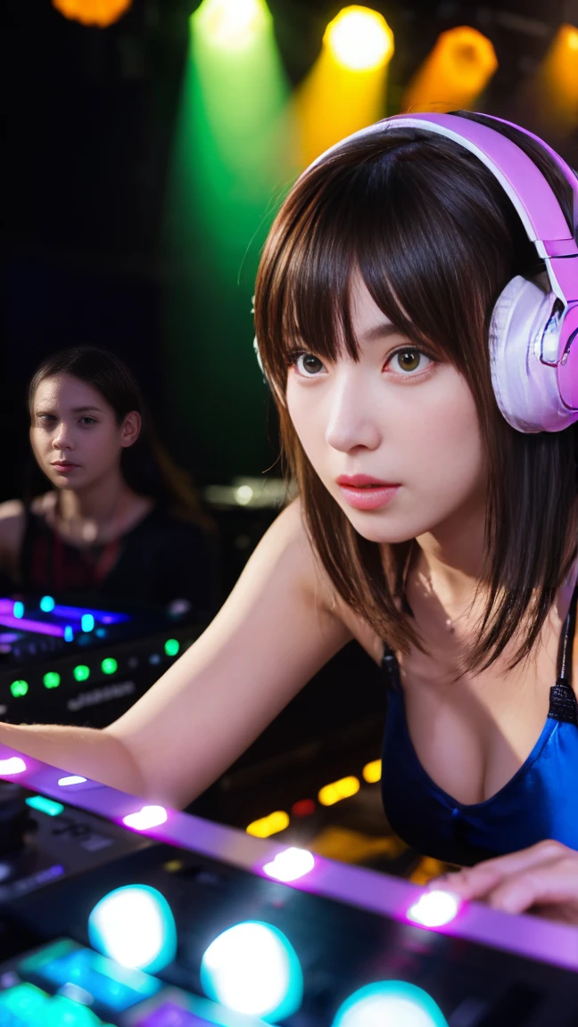 Highest quality, Surreal, Very detailed, women only, DJ Girl, DJ Console, DJ headphones, Actual Photos, 8K, Realistic eyes, Detailed face, Upper Body:1.4, Looking at the audience, To the audience:, Disco Lights,1 Girl,((she is playing the DJ Console )),