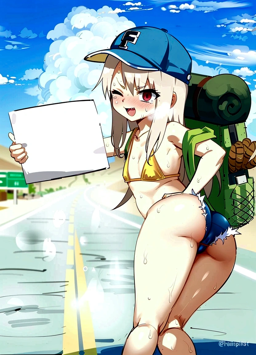 clear line, sharp line, nsfw, sweaty, hot weather, hot, sweat, masterpiece, no watermark, body steam, steam comes out of body, many steam, embarrased, heatstroke, wet, lots of steam, steam comes out of legs, very hot weather,heat exhaution, 50 degrees Celsius, smile, body hot, body fume, hot and hot, exposed, small pants, cameltoe, crying, ripped pants, lewd