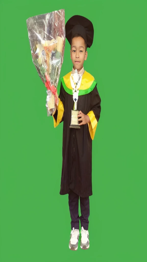 arafed boy in a graduation gown holding a bouquet of flowers, wearing an academic gown, graduation photo, for junior, post graduate, high quality upload, ???, photoshot, student, profesional photo, 5 years old, riyahd cassiem, full protrait, little kid, maximus jacobs, a handsome, masterpeice, chibi, 2 years old