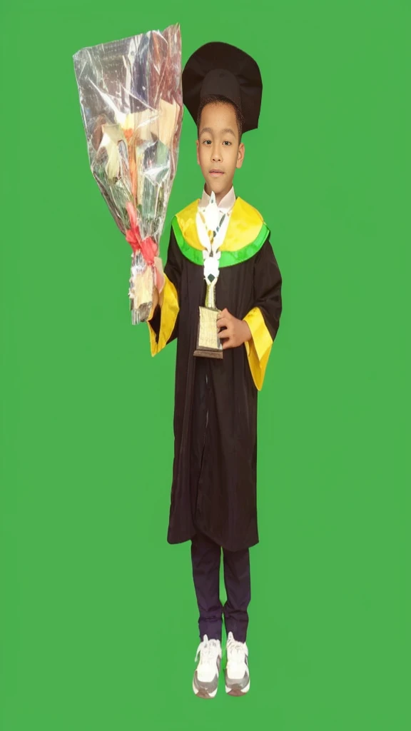 arafed boy in a graduation gown holding a bouquet of flowers, wearing an academic gown, graduation photo, for junior, post graduate, high quality upload, kid, photoshot, student, profesional photo, 5 , riyahd cassiem, full protrait, little ki jacobs, a handsome, masterpeice, chibi, 2 years old