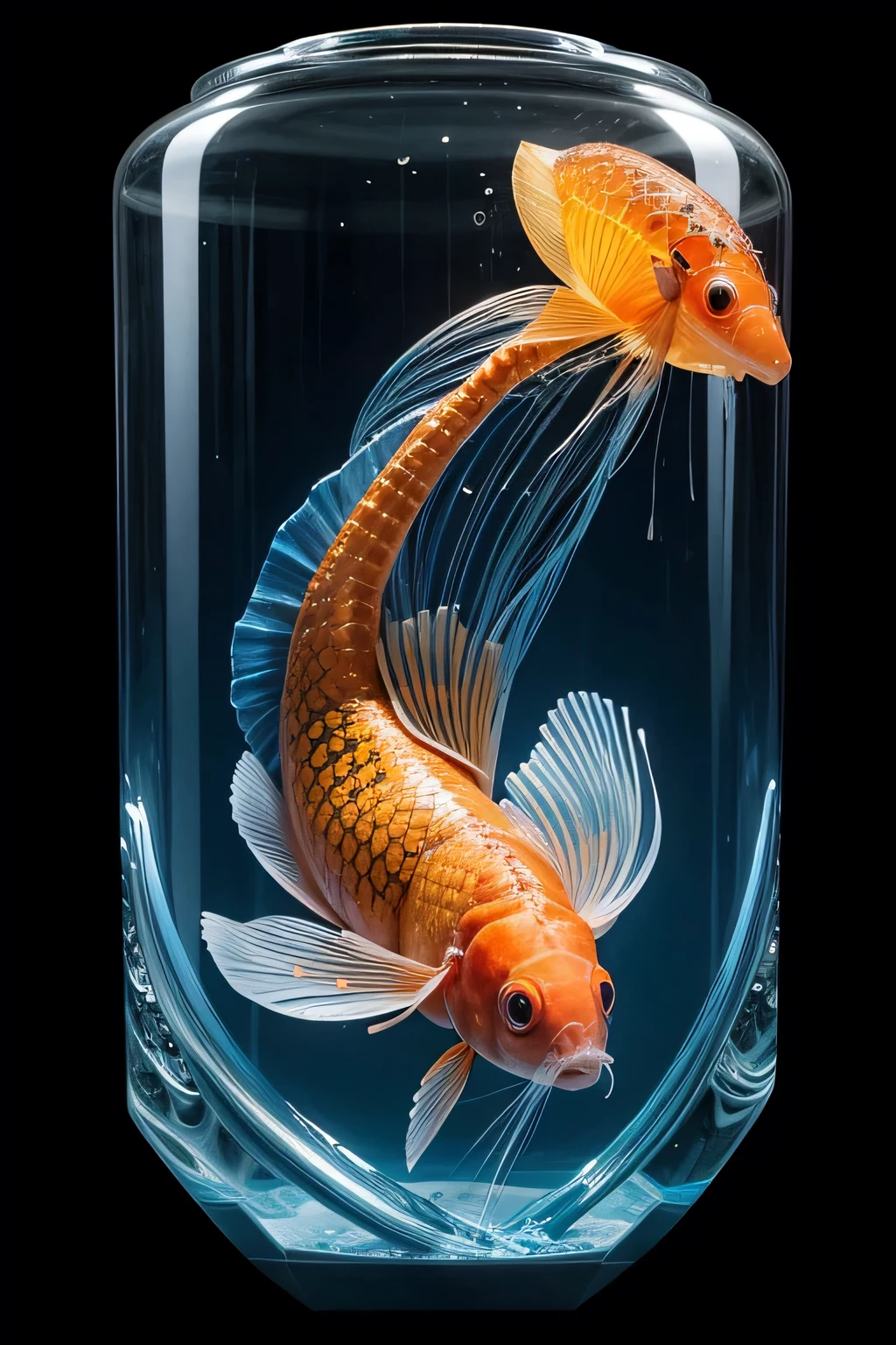 create a half-transparent blue and orange animal, which is a mixture of a jellyfish and a carp