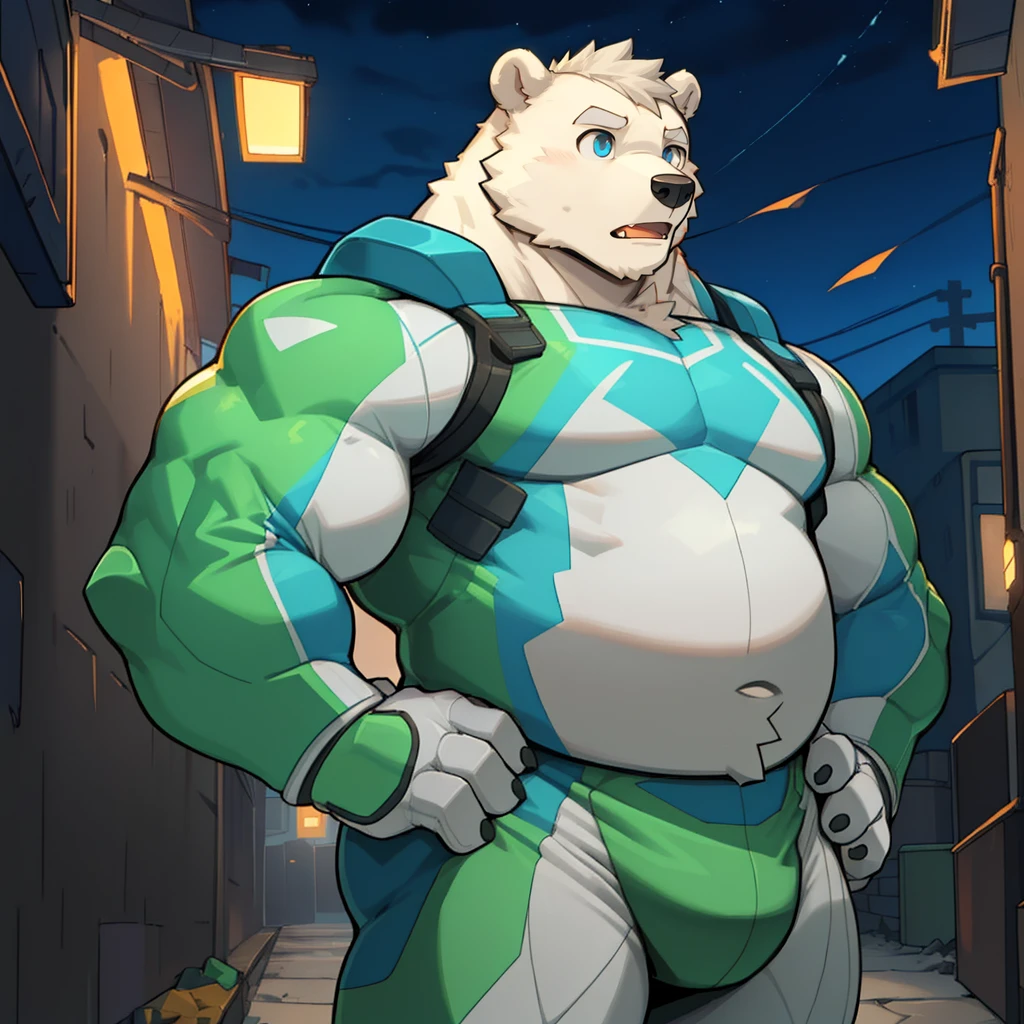 masterpiece, best quality, 8k resolution, Very detailed, hairy,(((Polar Bear)),(((Strong))),(((Blue Eyes))),(((White hair))),portrait,(((White hairall over body))),(((With orange))),(((outdoor))),For the audience,(((Light Green Hero Bodysuit))),Highest quality scenes,solitary,(((whole body))),(((Hands on hips))),(((Alley))),(((surprise))),((Fat-wrapped muscles)),(((Father))),(((Round Face))),(((Solitary))),(((Strong body))),(((Bulging buttocks))),(((Night)))