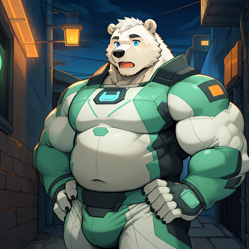 masterpiece, best quality, 8k resolution, Very detailed, hairy，(((Polar Bear)),(((Strong)))，(((Blue Eyes)))，(((White hair)))，portrait，(((White hairall over body)))，(((With orange)))，(((outdoor)))，For the audience，(((Light Green Hero Bodysuit)))，Highest quality scenes，solitary，(((whole body)))，(((Hands on hips)))，(((Alley)))，(((surprise)))，((Fat-wrapped muscles))，(((Father)))，(((Round Face)))，(((Solitary)))，(((Strong body)))，(((Bulging buttocks)))，(((Night)))