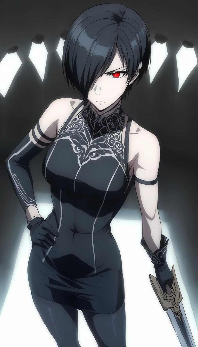 1girl, solo, Long black hair, blonde hair clips, Red Eyes, Serious expression, Black bodycon dress with straps, Gloves, Holding a dagger, Left hand on hip, 右手Holding a dagger朝下, Standing posture, Confident body language, White background，Anime style，High contrast，Fine lines，Soft lighting，Sexy body，Intricate clothing and hairpin details，Glowing eyes