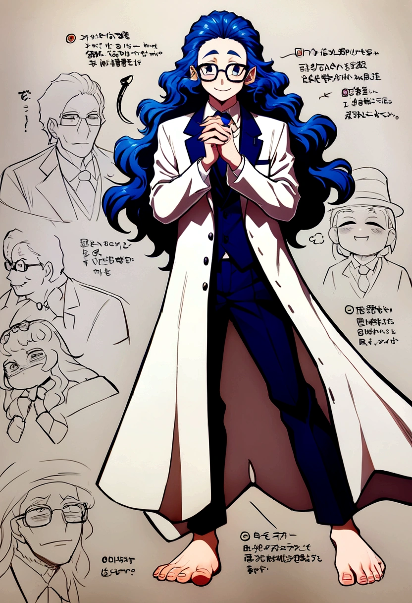 Man with blue hair, {alone} ,{{{Looking at viewer}}},{{{You can see the toes}}},Concept Art, White Background, Simple ground,Long Wavy Hair,Waist-length perm hair, {{{Description of the whole body}}} , {{{It is drawn up to the feet}}},Man in suit, Highest quality, masterpiece,Cowboy Shot, Looking_return,I have a smartphone,young,25 talents, Blue Hair,Simple Suit, Long-sleeved lab coat, Beautiful droopy eyes, I have a smartphone,Droopy eyes, smile,young,Wear glasses on your head,transparent_returnground, returnlighting, White Background, High resolution, Very detailed, information,Short,8K,Official Art