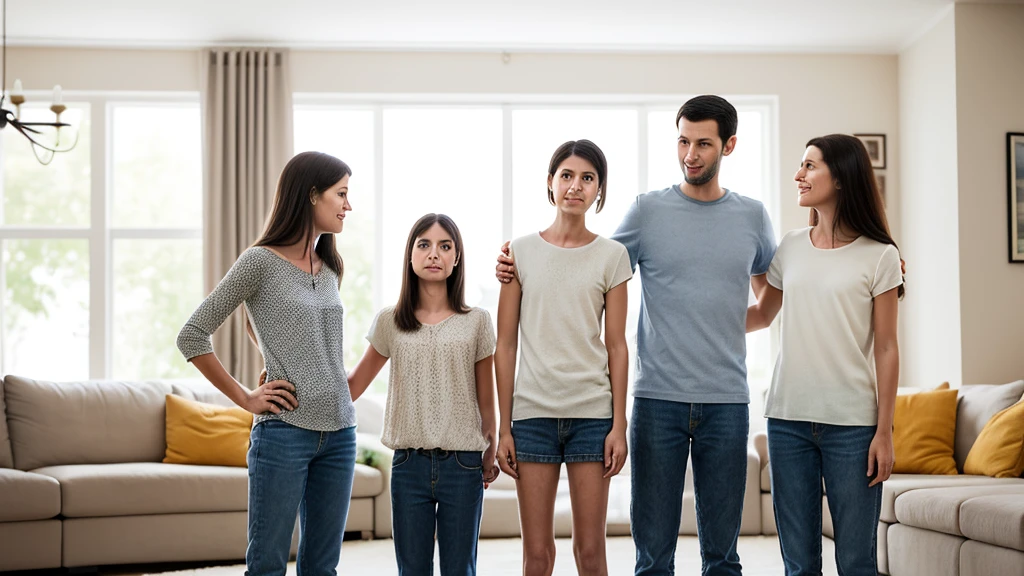 family standing in living room just after mom says she has hard nipples, family looking at mom like she is weird