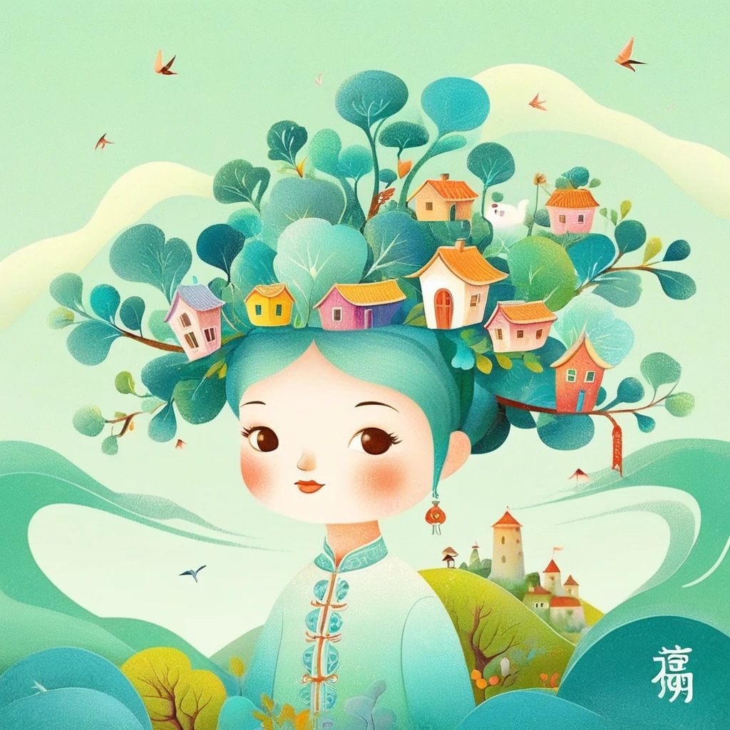 Digital illustration art, a comical illustration of a little girl adorned with many houses, trees, roots, a little swallow, etc. on her head. Her hair is composed of many houses and trees, and the background is green trees and hills (the background blends with the little girl's hair). Surrounded on both sides, it evokes the charm of a charming rural landscape. White background, the whimpering sound of Chinese calligraphy, vivid Ferdinand du Puigaudeau, Victor nizovtsev, retro tones, sparkling, reflective, best number, 8K, high-definition, high-resolution, dual exposure, beautiful digital illustrations,