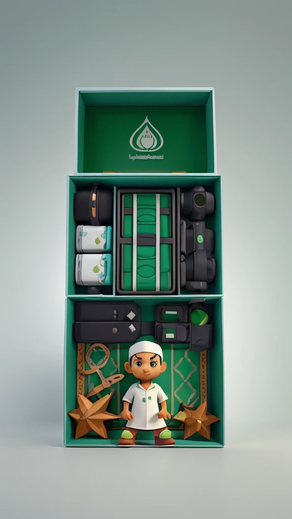 3d video product mockup box that says "KUMPULAN VIDEO CERITA ANAK ISLAM". The desain of mockup depict a story with islamic ornamen, Mockup in 953x1357px size format. Combination of green and black as dominant color. White background