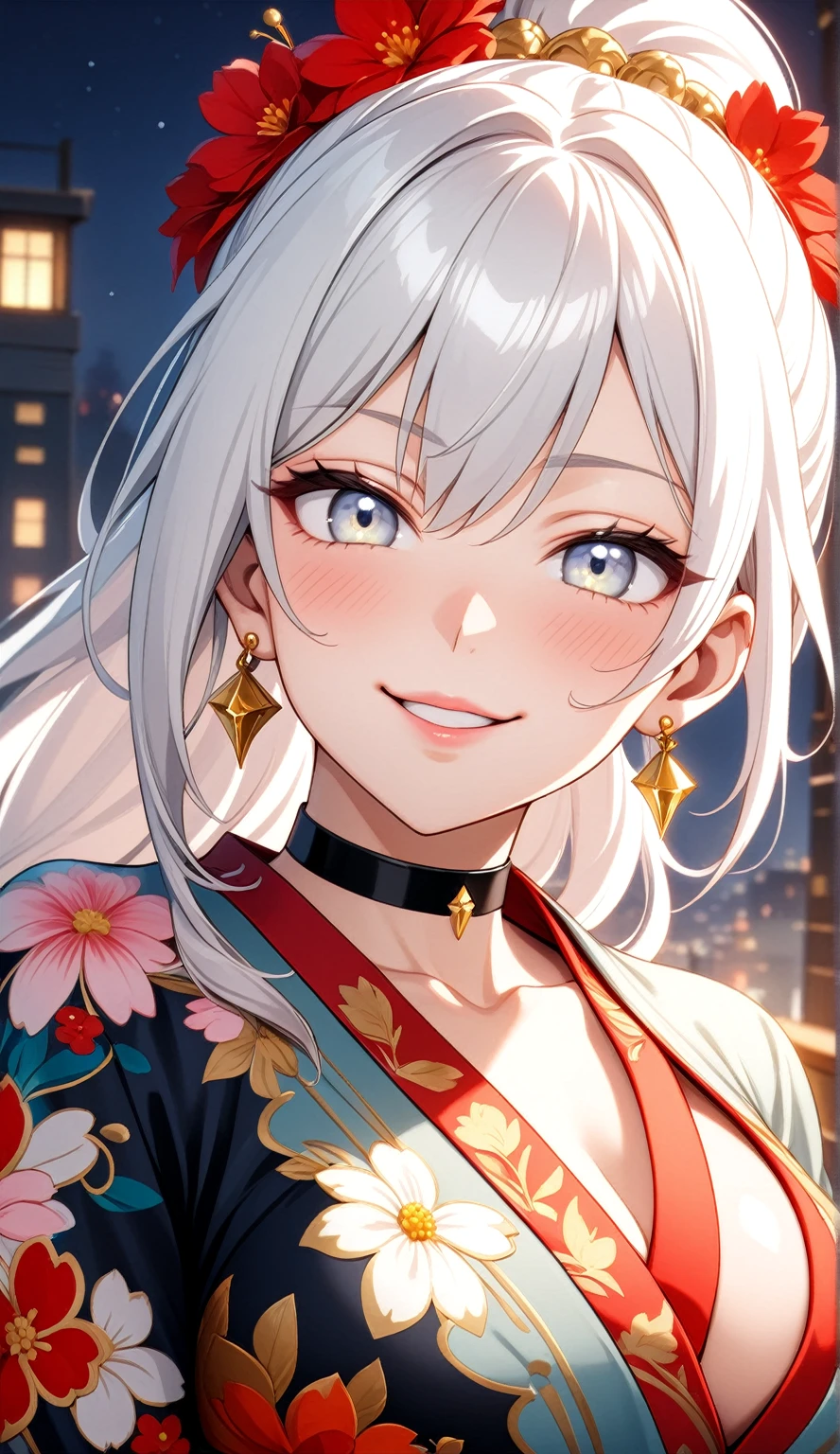 ((One personの女性)), Beautiful Face,((Wink:2.0)), ((seductive smile:1.1)), (head tilt:1.2), Laugh with your mouth wide open,((Bright red cheeks:1.4)),Shiny red lips,night,rooftop,You can see the ocean, firework,Laughing with your mouth open,Glossy pink lips,Facial lighting,((Anime style background)),masterpiece, Highest quality, so beautiful,up to date, Complex details, (Pink long nails), (4fingers and 1thumbs), (ring),(bracelet),(choker),AI-generated, Complex,High resolution, Highest quality, super high quality,3D Images、3D Images,One person,Long white hair,High Ponytail,(blue eyes),Anime woman posing for a photo, ((Fine grain、Silvery white colorful eyes、Shining Eyes:1.4)),(Squint your eyes:1.1),a hyperRealistic , hyperRealistic , Realistic,Anime woman with long white hair, Smooth anime CG art, A woman in a colorful kimono with gold embroidery, (Black long sleeve kimono),Red floral pattern,Long flower hair ornament,Earrings,Mature Body,(Big Breasts:1.1),Tall,Abdominal muscles,Narrow waist,(Zoom up to face:1.7),Photographed from the front