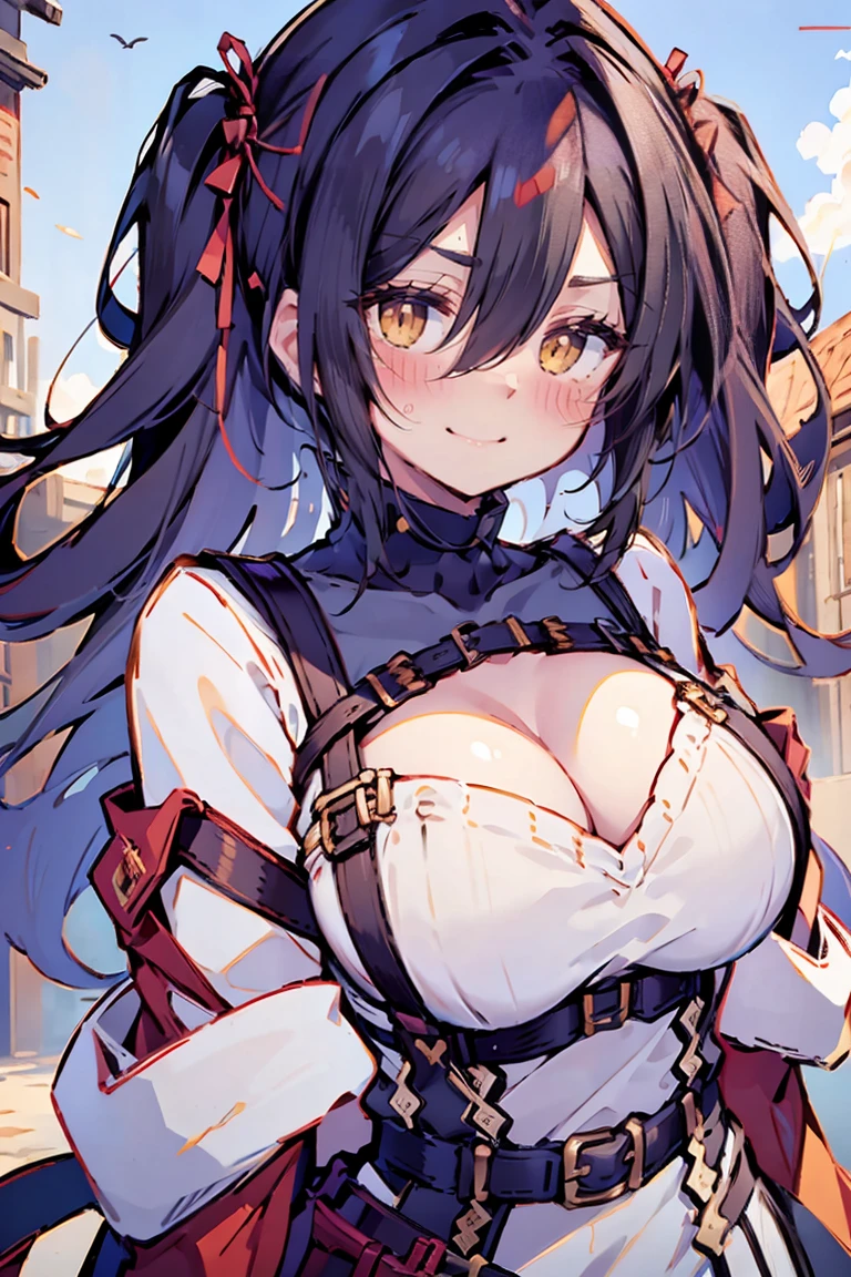 (masterpiece:1.2), (high quality:1.2), (hui xiyi:0.75), rekkyo sensen, rekkyou sensen, girls with((black hair, (tits cleavage:1.15), (breasts close up:1.15), (suspenders:1.2), (dress:1.05), (belts:1.2), (white knit sweater:1.2), exposed breasts, straps, (cross:1.05), (long wavy hair:1.35), (one side up:1.2), nun, (both hands:1.15))), background with((fantasy world, ruin, castle, beautiful sky, shining sky, sunshine))