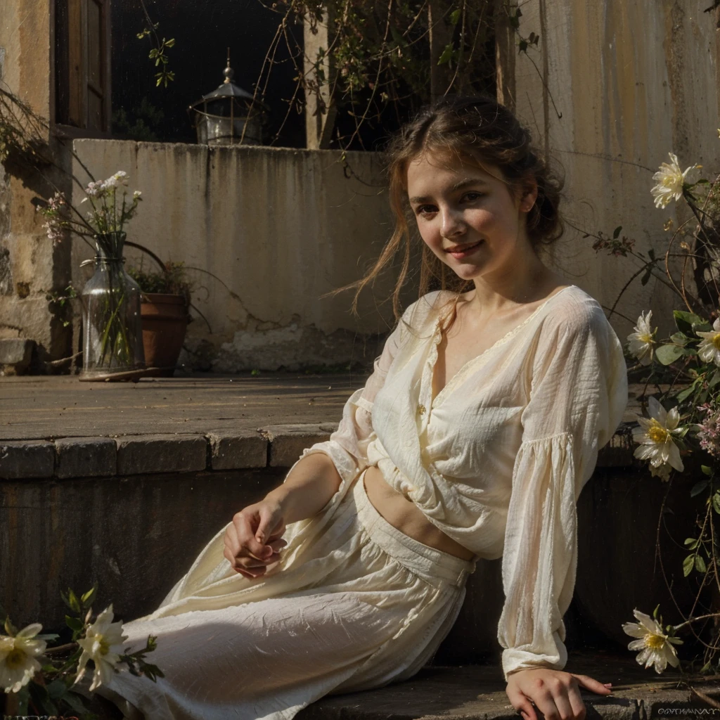 oil on canvas, a beautiful young woman resembling Mckenna Grace lying in front of some stone steps of an old lighthouse, smiling and looking at the camera, landscape of an epic night , many flowers decorate the place, natural lighting, style of william-adolphe bouguereau