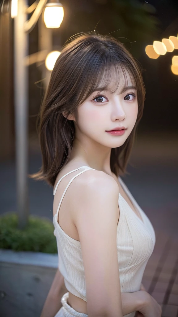 (highest quality,masterpiece:1.3,超A high resolution,),(Very detailed,Caustics),(Photorealistic:1.4,RAW shooting,)Ultra-Realistic Capture,Very detailed,High resolution 16K suitable for human skin、 Natural skin texture、、Skin tone is even and healthy looking、 Use natural light and color,One Woman,Japanese,,cute,brown hair,Middle Hair,(Written boundary depth、chromatic aberration、、Wide range of lighting、Natural Shading、)、(outdoor lights at night:1.4)、(Hair swaying in the wind:1)、short hair、Outward flicked edge