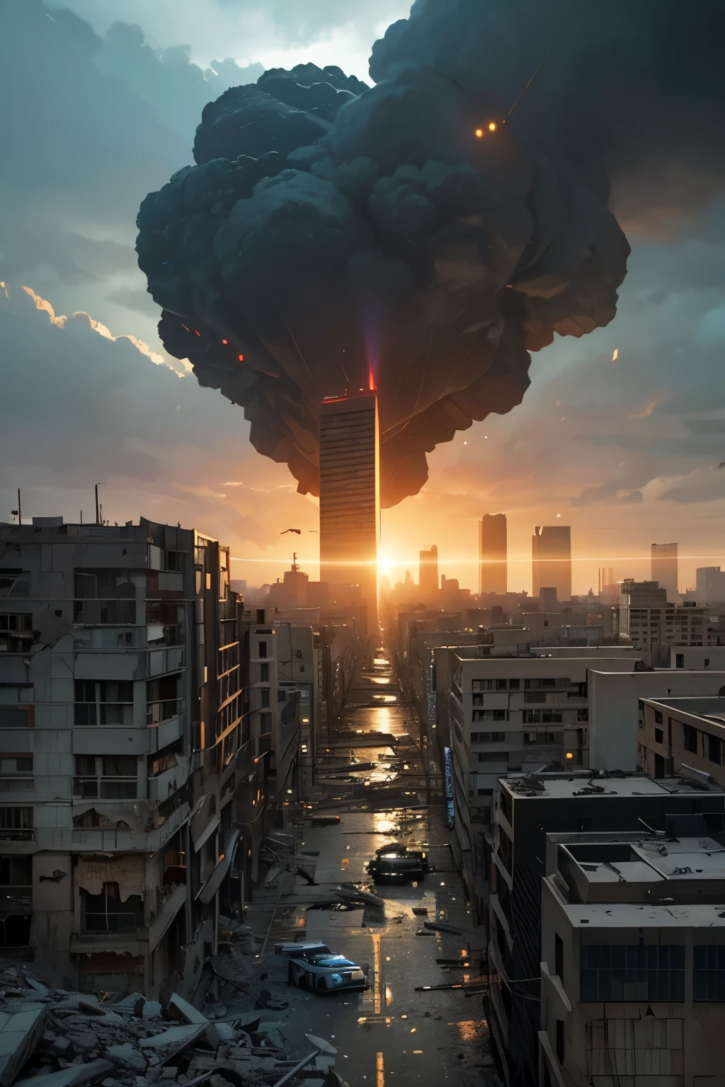 a massive earthquake, huge cracks in the earth, crumbling buildings, people running in panic, dust clouds, rubble and debris, emergency vehicles, dramatic lighting, dark cloudy sky, cinematic composition, digital art, hyper-realistic, 8k, best quality, dramatic, intense, photorealistic