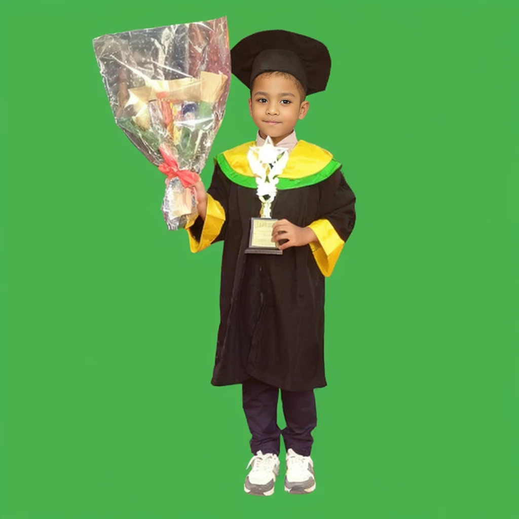 arafed boy in a graduation gown holding a bouquet of flowers, wearing an academic gown, graduation photo, for junior, post graduate, high quality upload, ???, photoshot, student, profesional photo, 5 years old, riyahd cassiem, full protrait, little ???, maximus jacobs, a handsome, masterpeice, chibi, 2 years old