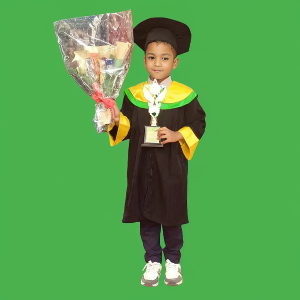 arafed boy in a graduation gown holding a bouquet of flowers, wearing an academic gown, graduation photo, for junior, post graduate, high quality upload, ???, photoshot, student, profesional photo, 5 years old, riyahd cassiem, full protrait, little ???, maximus jacobs, a handsome, masterpeice, chibi, 2 years old
