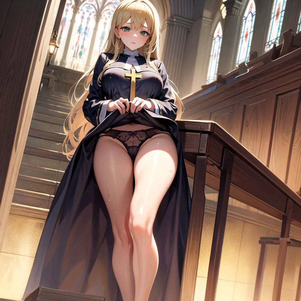 Photo, masterpiece, Best quality, wallpaper, 1 girl, long hair, blonde hair, stands in the center of the frame, looks at the camera, big green eyes,monastic, church, crosses, Benches, stockings, tight light robe, lustful look, close-up, shows wet panties, protruding chest, lust