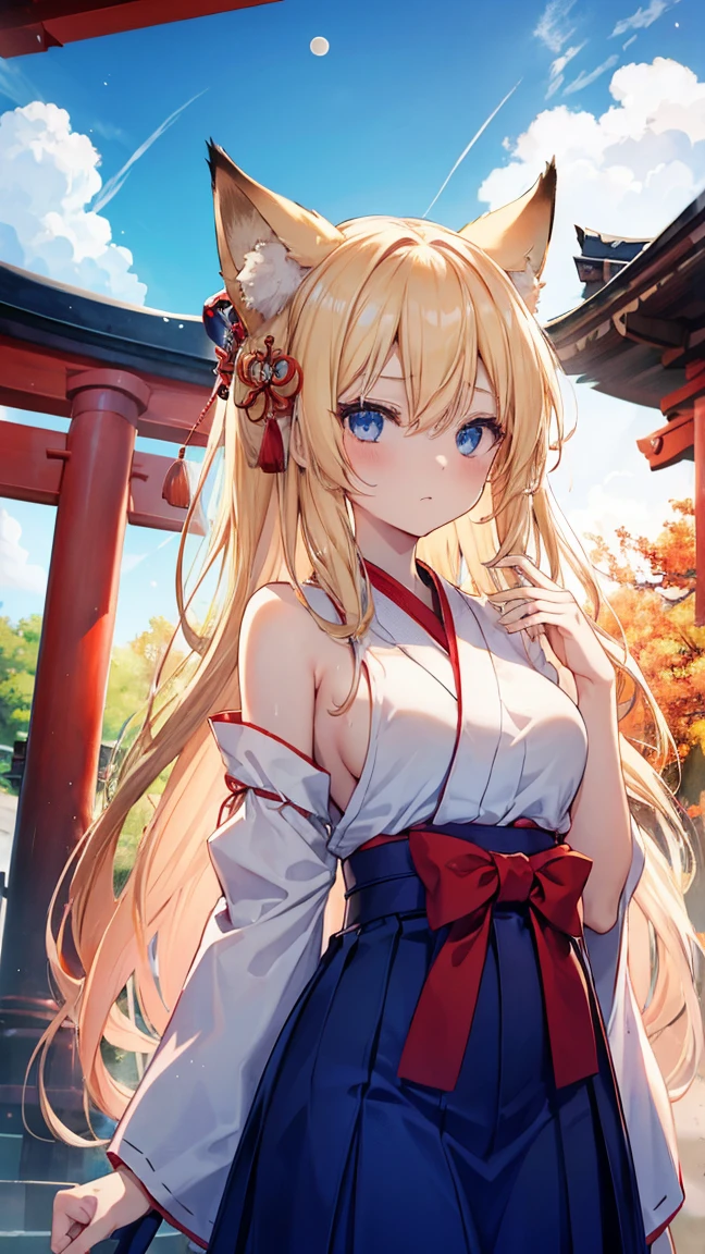 High resolution、Girl、Blonde、Long Hair,Straight Hair、Fox Ears、blue eyes、Slender、Large Breasts、torii,Shrine maiden,Scarlet Hakama,shrine,summer,７moon,Sweat,blue sky