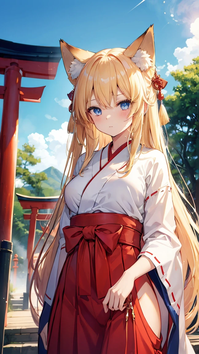 High resolution、Girl、Blonde、Long Hair,Straight Hair、Fox Ears、blue eyes、Slender、Large Breasts、torii,Shrine maiden,Scarlet Hakama,shrine,summer,7moon,Sweat,blue sky