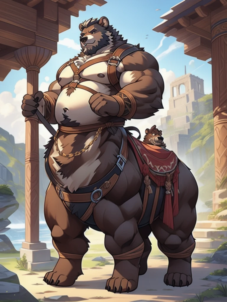 barbarian, brown bear, furry, fur taur, beartaur, middle-age, detailed face, bear ears, bear nose(black), garibaldi beard(white), mature hair(white), detailed hands, detailed body belly, muscle belly, chest harness, detailed taur body, bear paws, warrior outfit, nude,