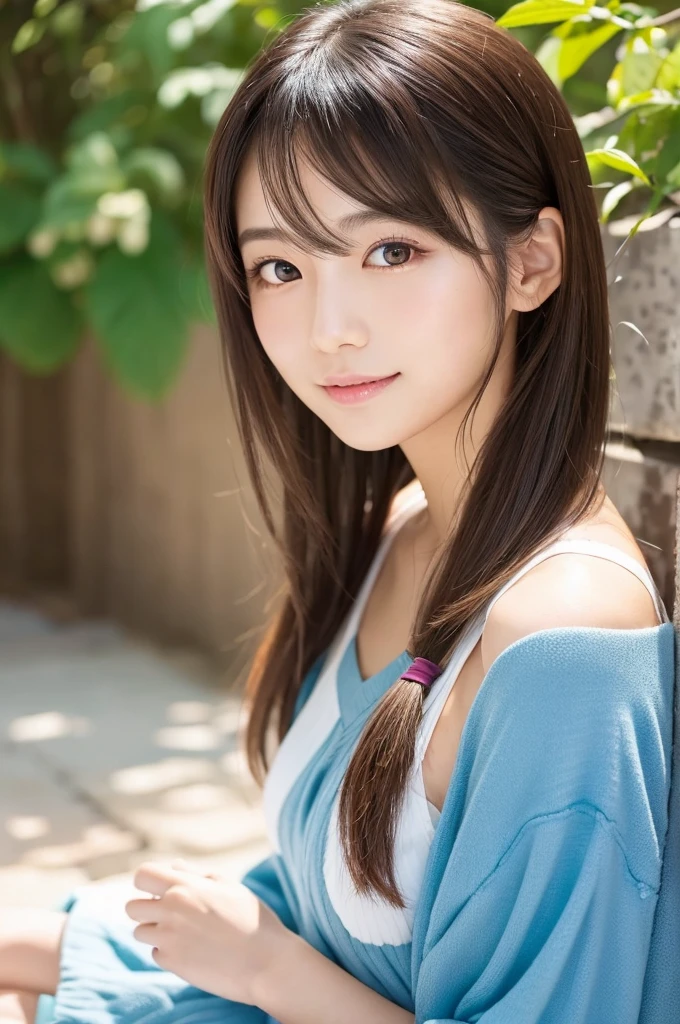Japanese,Youthful, vibrant, elegant,upper body,Soft, natural lighting,Outdoor setting or studio with a natural backdrop,Bright and lively colors,focus on the hairstyle and facial features,Gentle and inviting expression,Contemporary fashion style,