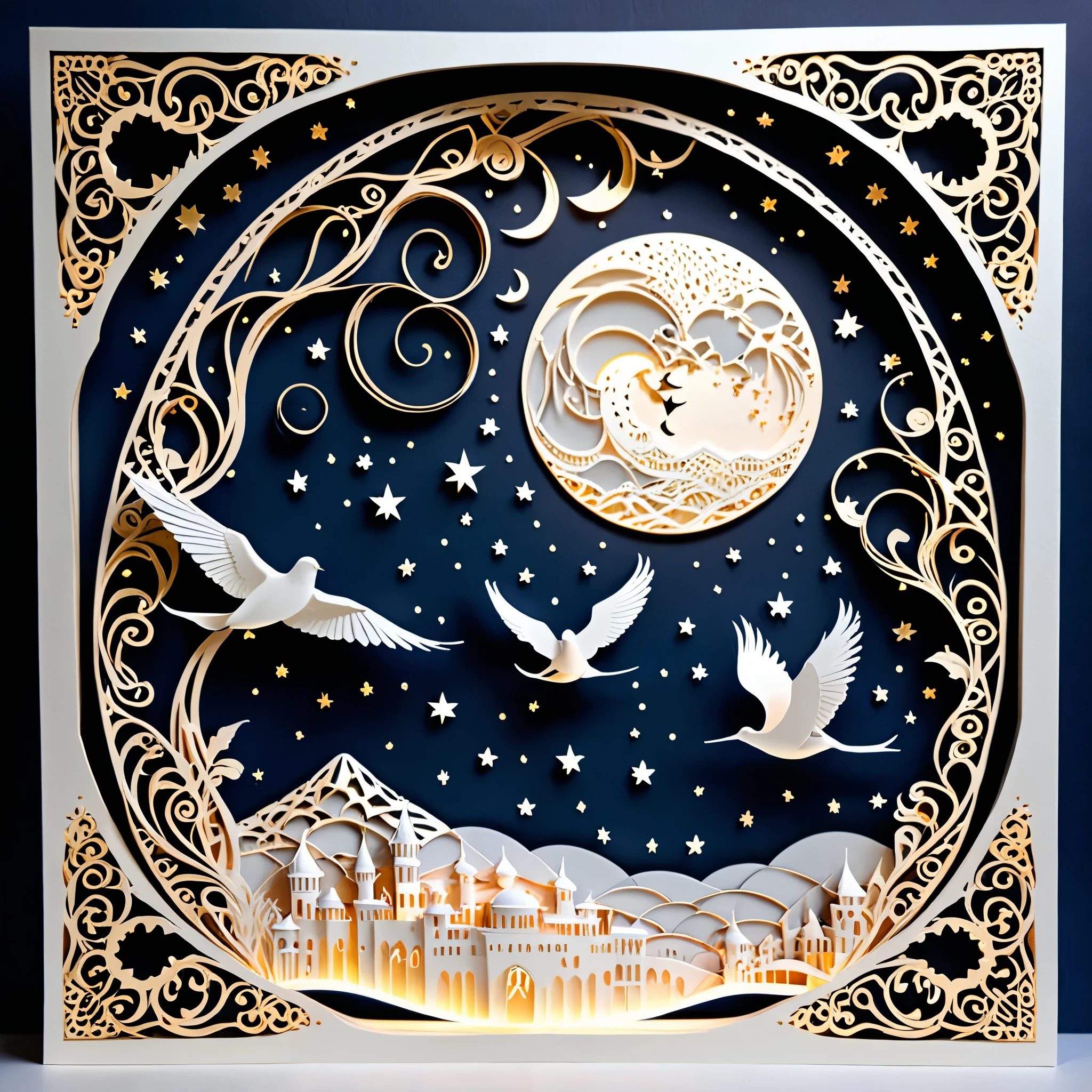 Create a detailed paper cutout artwork depicting an intricate scene of arabesque patterns against a moonlit night. The artwork should include elaborate, swirling designs that capture the essence of arabesque art, set against the backdrop of a serene night sky illuminated by a full moon. The moonlight should cast delicate shadows and highlights on the patterns, enhancing their depth and intricacy. The overall mood should be mystical and elegant, evoking a sense of timeless beauty.