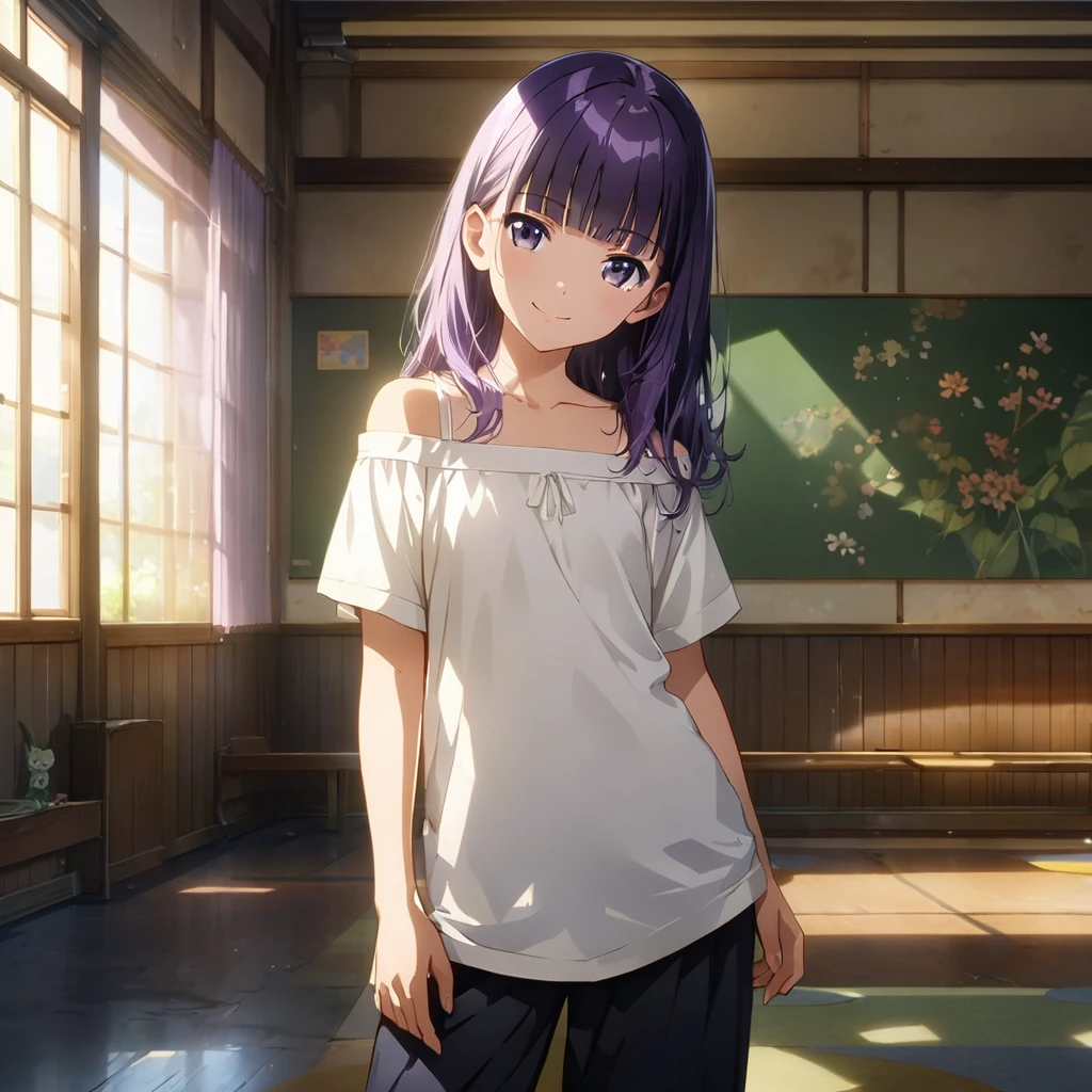 (Cute a girl:1.5), (Off-the-shoulder white plain T-shirts, black sarouel pants:1.1),(masterpiece:1.3), anime visual,  (Lovey-dovey:1.5), (tilt head:1.3), extremely delicate face, realistic lighting and shading, (an extremely delicate and beautiful art:1.3),,smiling,pale purple wavy and blunt bangs hair,green and black eyes,smiling,from front,fullbody shot,full body shot,Morning lesson space,