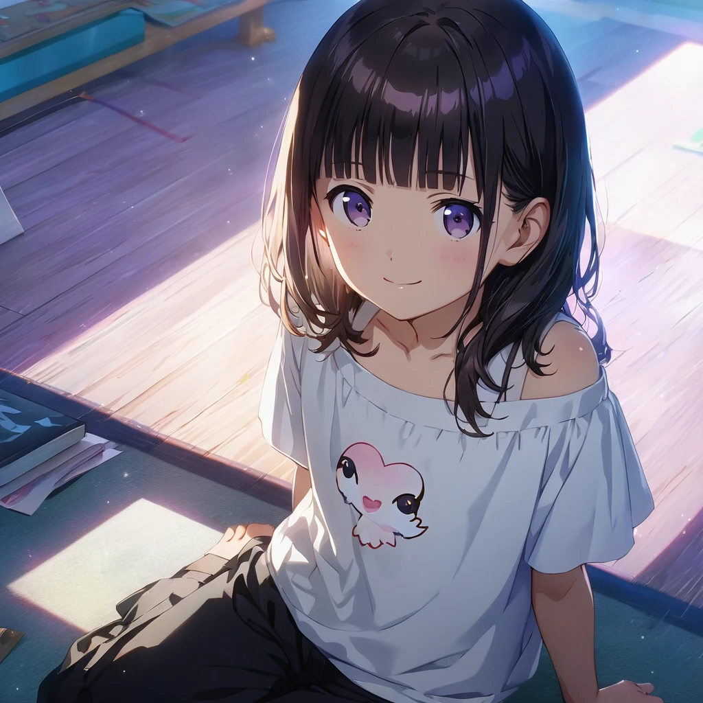 (Cute a girl:1.5), (Off-the-shoulder white plain T-shirts, black sarouel pants:1.1),(masterpiece:1.3), anime visual, (Lovey-dovey:1.5), (tilt head:1.3), extremely delicate face, realistic lighting and shading, (an extremely delicate and beautiful art:1.3),15 years old,smiling,pale purple wavy and blunt bangs hair,green and black eyes,smiling,from front,fullbody shot,full body shot,Morning lesson space,