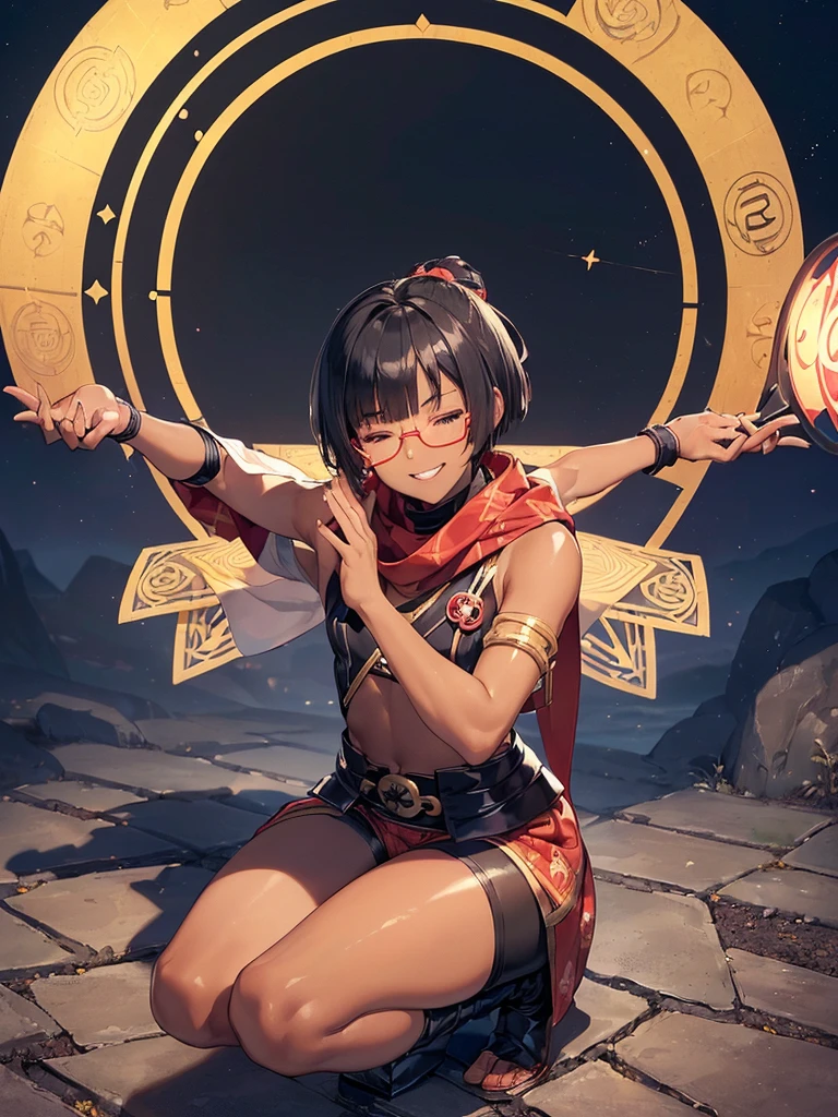 (flat chest:), (masterpiece:1.2), highest quality, High resolution, unity 8k wallpaper, (fine and beautiful eyes:1.6), highly detailed face, perfect lighting, Detailed CG, (perfect hands, perfect anatomy), (1 boy solo:1.4), 20 years old, black hair, extremely beautiful detailfeminine face and eyes, (evil smile:1.4), detailed eyes, best quality,( dark skin:1.8), (turtleneck shirt under yukata:1.2), (bike shorts:1.2), extremely detailed, very precise detailed, (glasses:1.3), blunt bangs, open mouth, (very short pixie cut:1.2), boots,fingerless gloves, smile, (half closed eyes:1.5) ,(squat in magic circle on ground:1.1) ,night sky,long sidelocks,(long red Scarf),(yukata),(squatting),(acrobat pose:1.3),(squat:1.3),(one knee dwon:1.5),(Put one foot in front:1.3),(stylish pose:1.4),(Raise only index finger:1.1),(spread arms:1.5), (1990s \(style\)),(in magic circle on ground only:1.3),(from above:1.2),(open magic scroll by both hands:1.9),(have magic scroll:1.3)