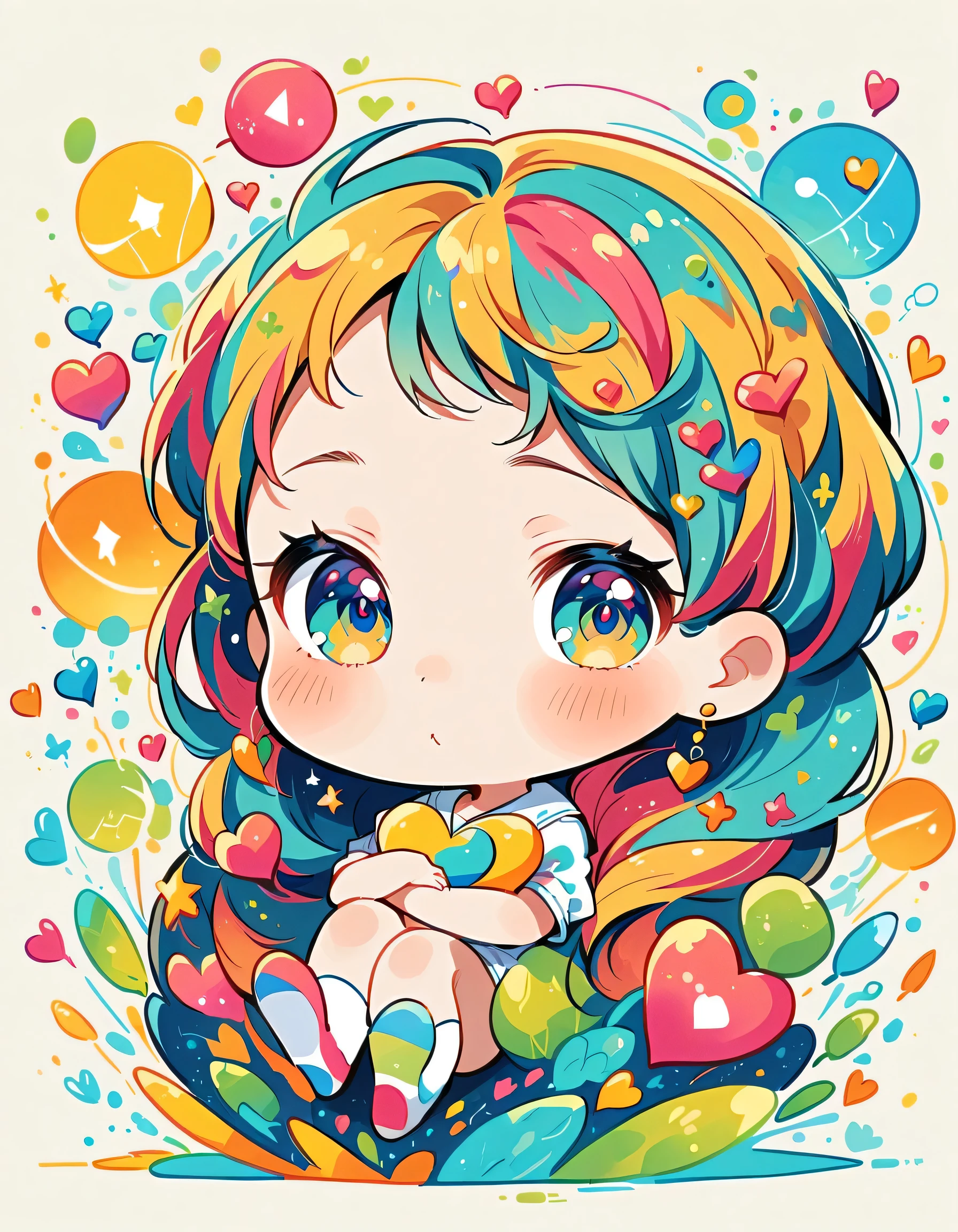 Mika Pikazo style, Simple Line Initialism,Abstract art,Urban Background, colorful hearts ,(((The most beautiful girl of all time))), (((chibi))), hugging with Cute amoeba