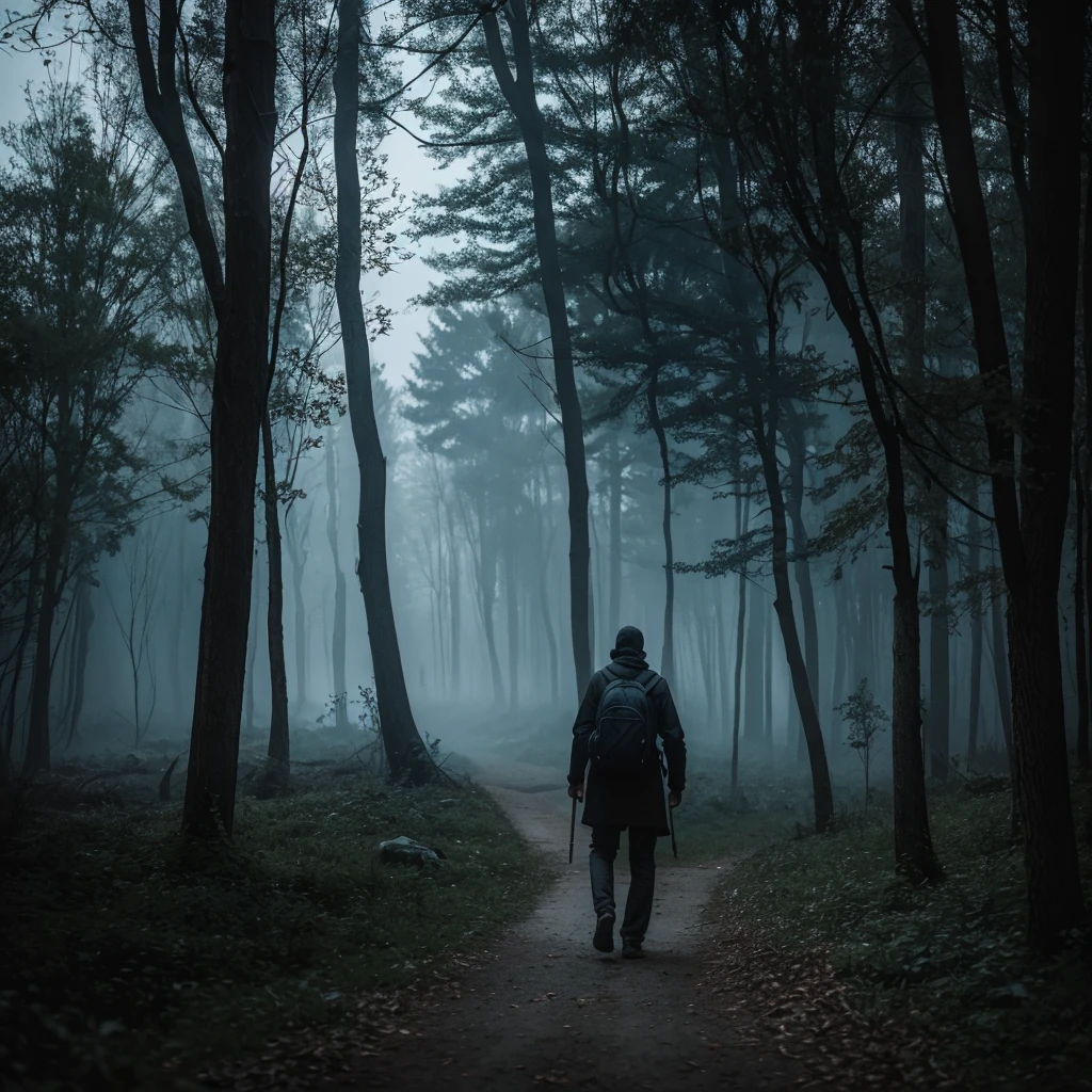 there is a solo man walking in the woods with a backpack, old house, stefan koidl inspired, bussiere rutkowski andreas rocha, by maxim verehin, inspired by maxim verehin, inspired by Tomasz Jedruszek, dark cinematic concept art, eerie nostalgic concept art, inspired by Igor Kieryluk, inspired by Ismail Inceoglu
