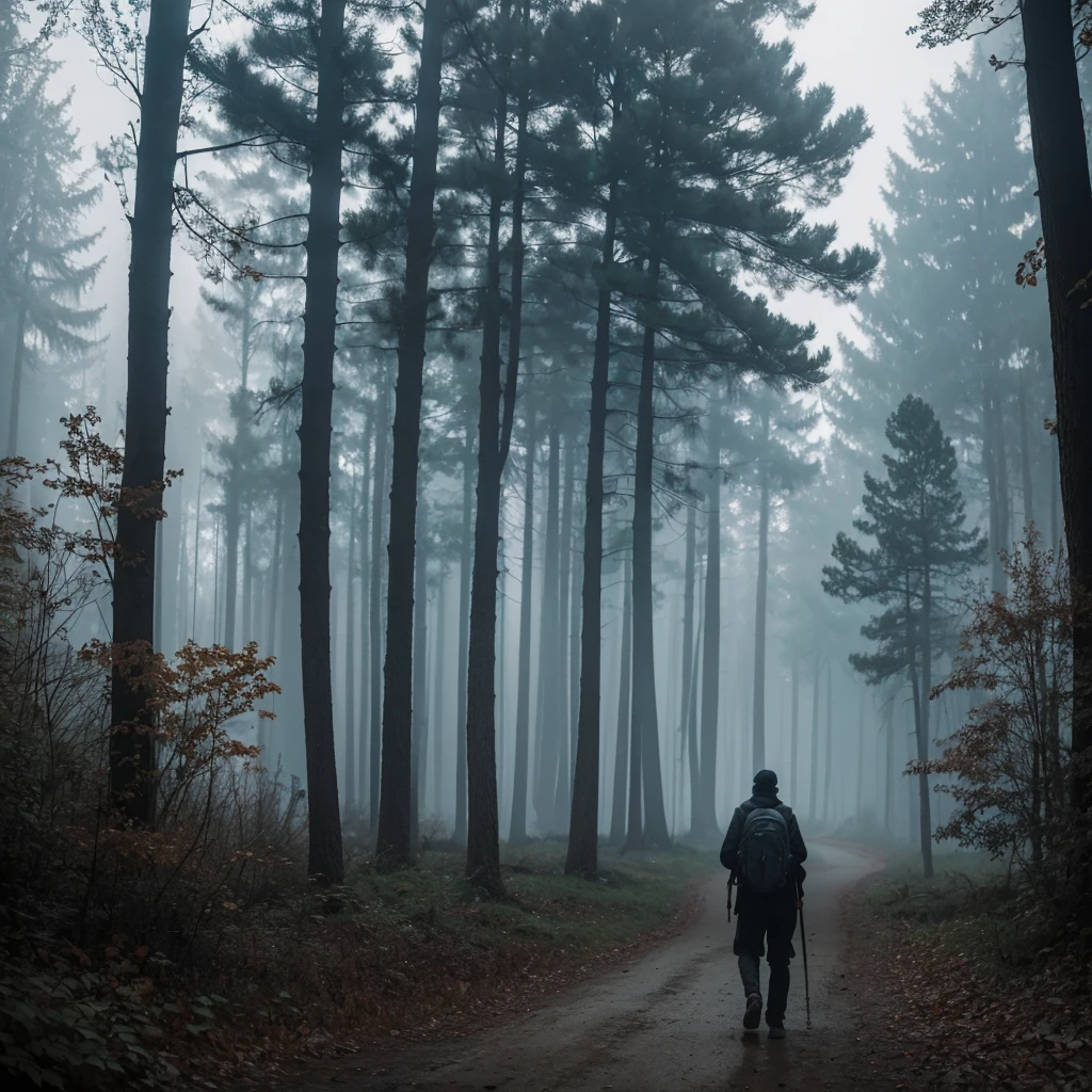 there is a solo man walking in the woods with a backpack, old house, stefan koidl inspired, bussiere rutkowski andreas rocha, by maxim verehin, inspired by maxim verehin, inspired by Tomasz Jedruszek, dark cinematic concept art, eerie nostalgic concept art, inspired by Igor Kieryluk, inspired by Ismail Inceoglu
