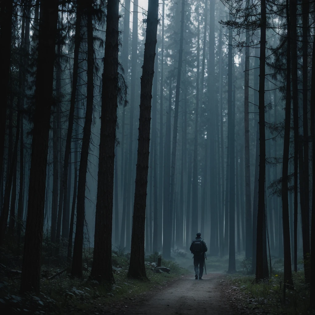 there is a solo man walking in the woods with a backpack, old house, stefan koidl inspired, bussiere rutkowski andreas rocha, by maxim verehin, inspired by maxim verehin, inspired by Tomasz Jedruszek, dark cinematic concept art, eerie nostalgic concept art, inspired by Igor Kieryluk, inspired by Ismail Inceoglu