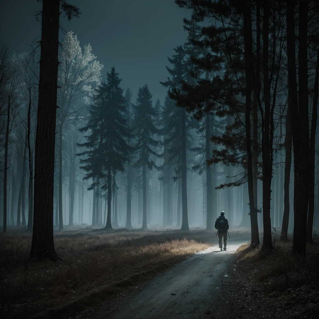 there is a solo man walking in the woods with a backpack, old house, stefan koidl inspired, bussiere rutkowski andreas rocha, by maxim verehin, inspired by maxim verehin, inspired by Tomasz Jedruszek, dark cinematic concept art, eerie nostalgic concept art, inspired by Igor Kieryluk, inspired by Ismail Inceoglu